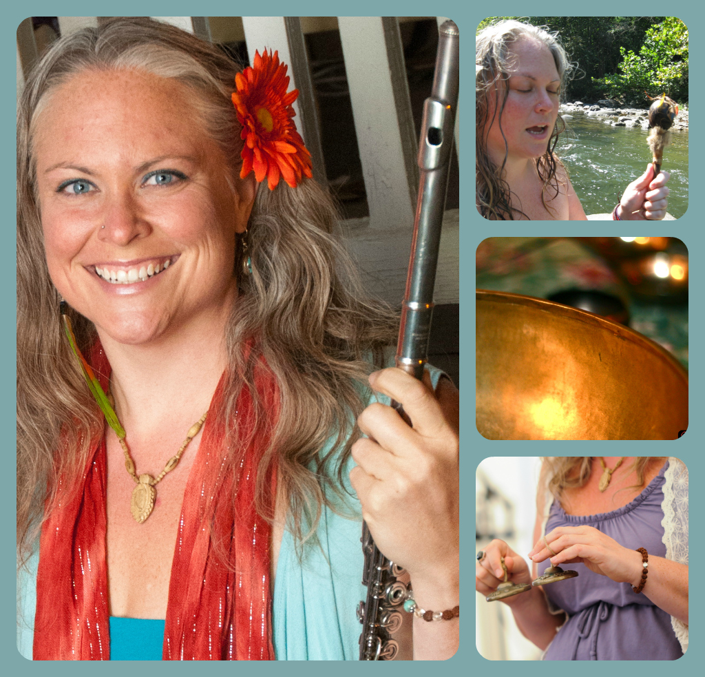 Visionary musician Angela Blueskies will be joining us on Saturday night for a sound healing ceremony. Angela carries deep understanding of the healing powers of music and the Earth. Deeply influenced by sacred ceremonies in Peru and the traditions of bhakti yoga and kirtan, she creates original music that is a fusion of these traditions, with an intention of bringing people into meditation, healing and ecstatic states, and profound connection with Spirit. 