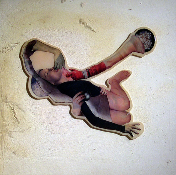 Choke, 2004, Self-produced photographs and appropriated printed materials cast in plastic resin. 10 X 10”