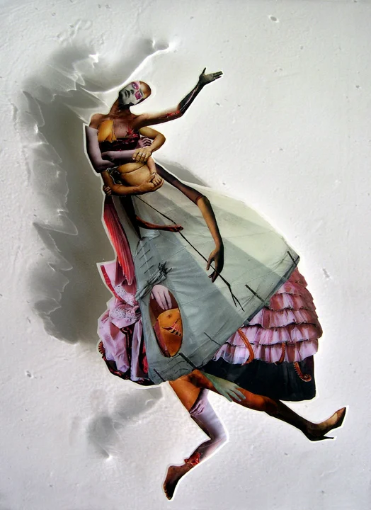 Falling Woman, 2008, Self-produced photographs, vintage photographs, and appropriated printed materials cast in plastic resin. 16 X 20”