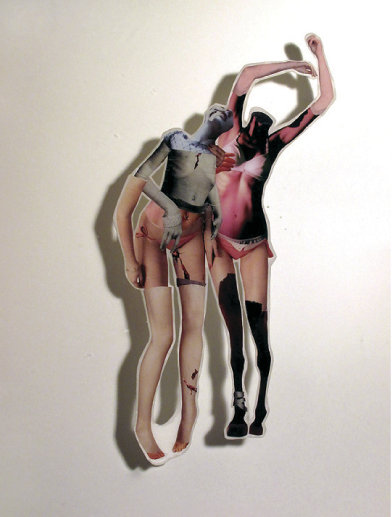   Twins (go team),&nbsp; 2009,&nbsp;Hand-cut and assembled photographs and found images, cast in plastic resin, 16 X 20" 
