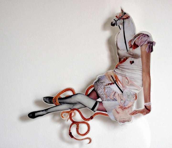 Waylay , 2011, Hand-cut and assembled photographs and found images, cast in plastic resin. Framed. 20 x 16"