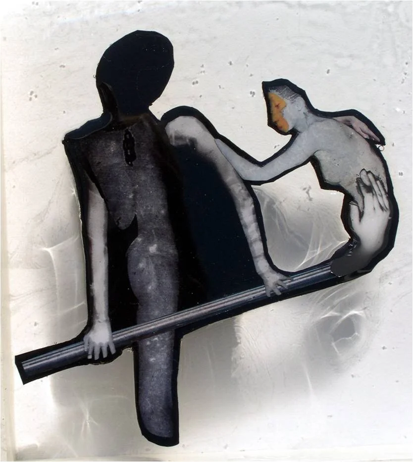 Tap, Tap, 2006, Photographs and appropriated printed materials cast in plastic resin. 8.25 X 8.25”