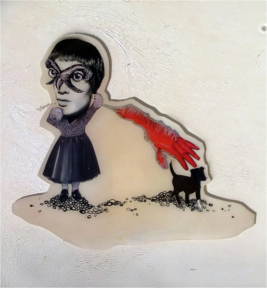Pet It, 2004, Self-produced photographs and appropriated printed materials cast in plastic resin.9 X 9”