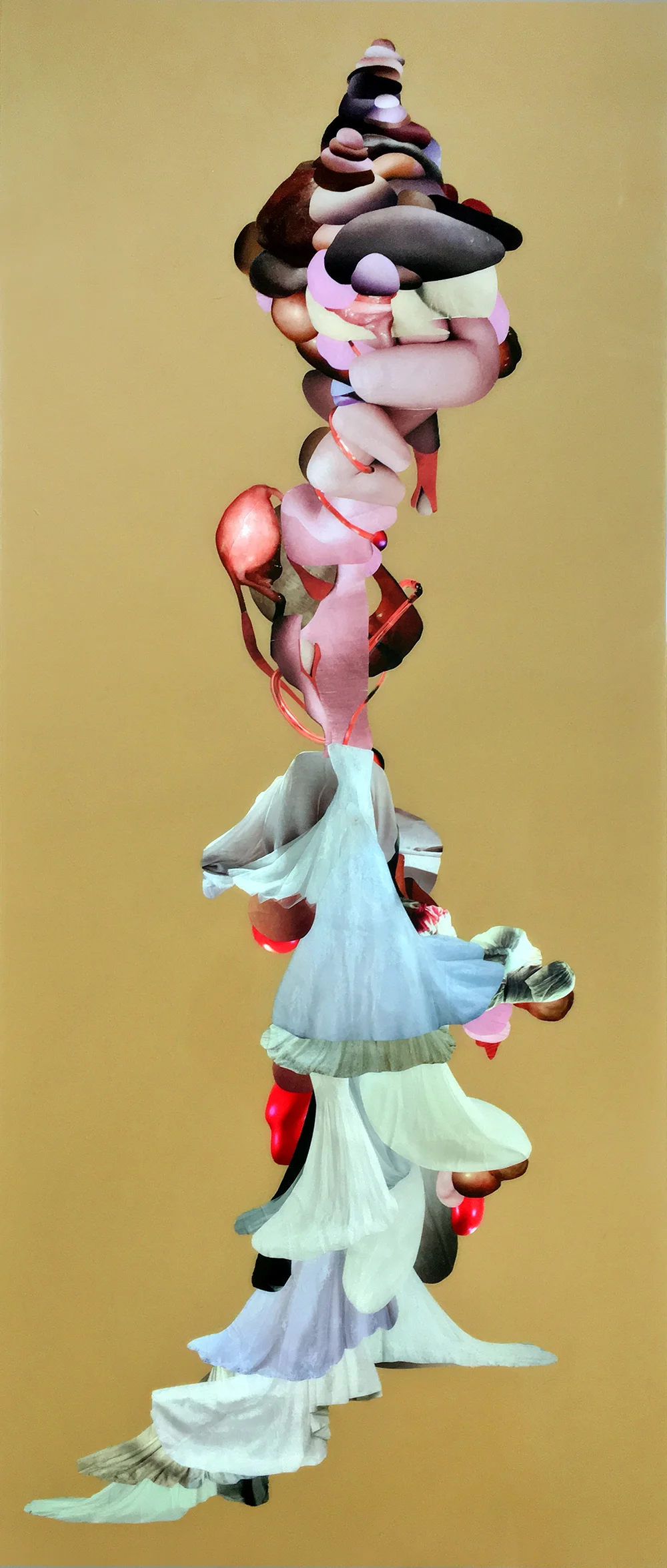 Two, of Three Graces (Triptych), 2017, Hand-cut and assembled found images, self produced photographs, abdominal surgery photographs, plexi, resin. 3 parts. 55 ½ x 21 ¾"