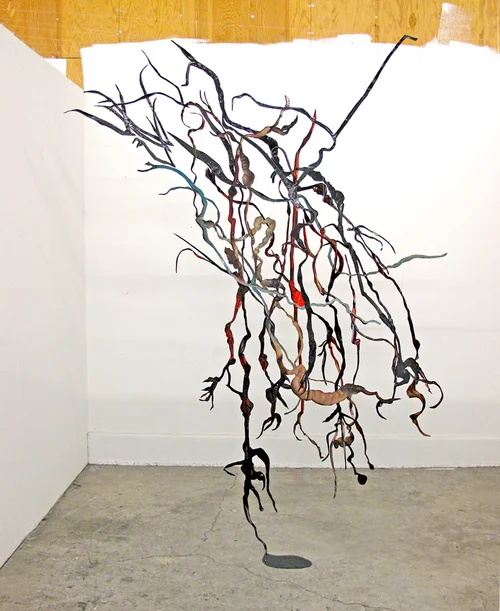 Murmuration , 2014, Hand cut/assembled found images, photographs, acrylic mediums, Galkyd, foam core, acrylic wire, latex. 30 individual parts. 84 X 48 X 96”