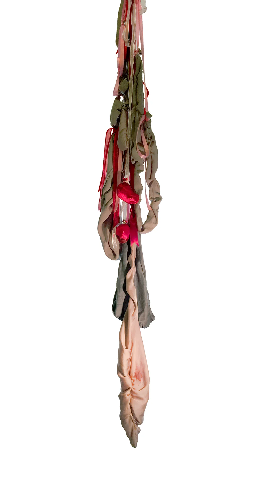 Gutt, 2017 Hand and machine sewn silk from old nightgown, ribbon, natural and synthetic pigments Aprox. 80 x 12” dia