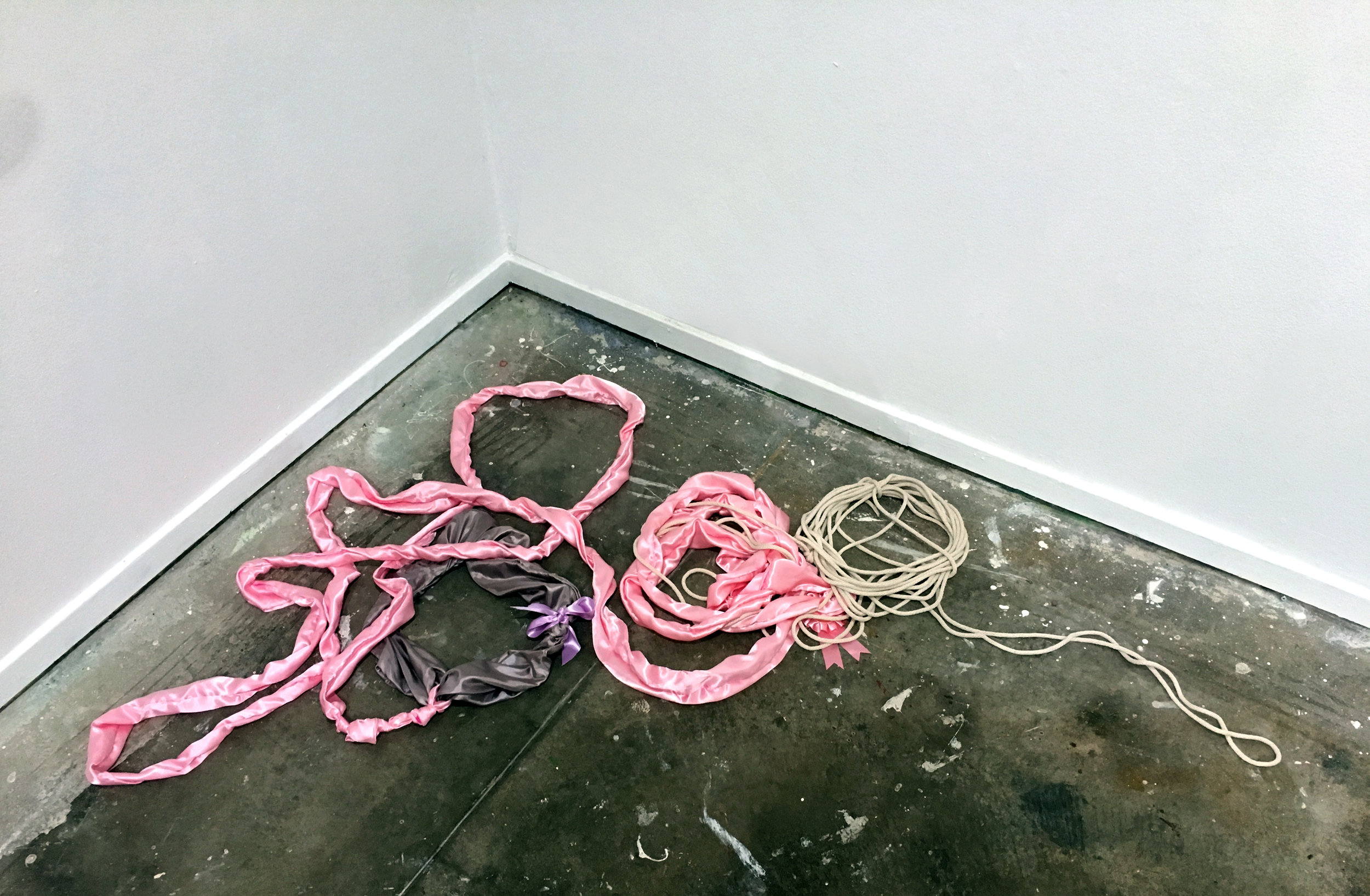   Hairline Loophole , 2018, Satin, ribbon, rope, Dimensions variable 