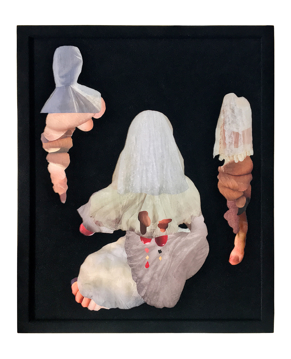   Baby Makers 1,  2019, Hand cut and assembled found images and photos, plastic resin, pigment, flocking, 16x20” 
