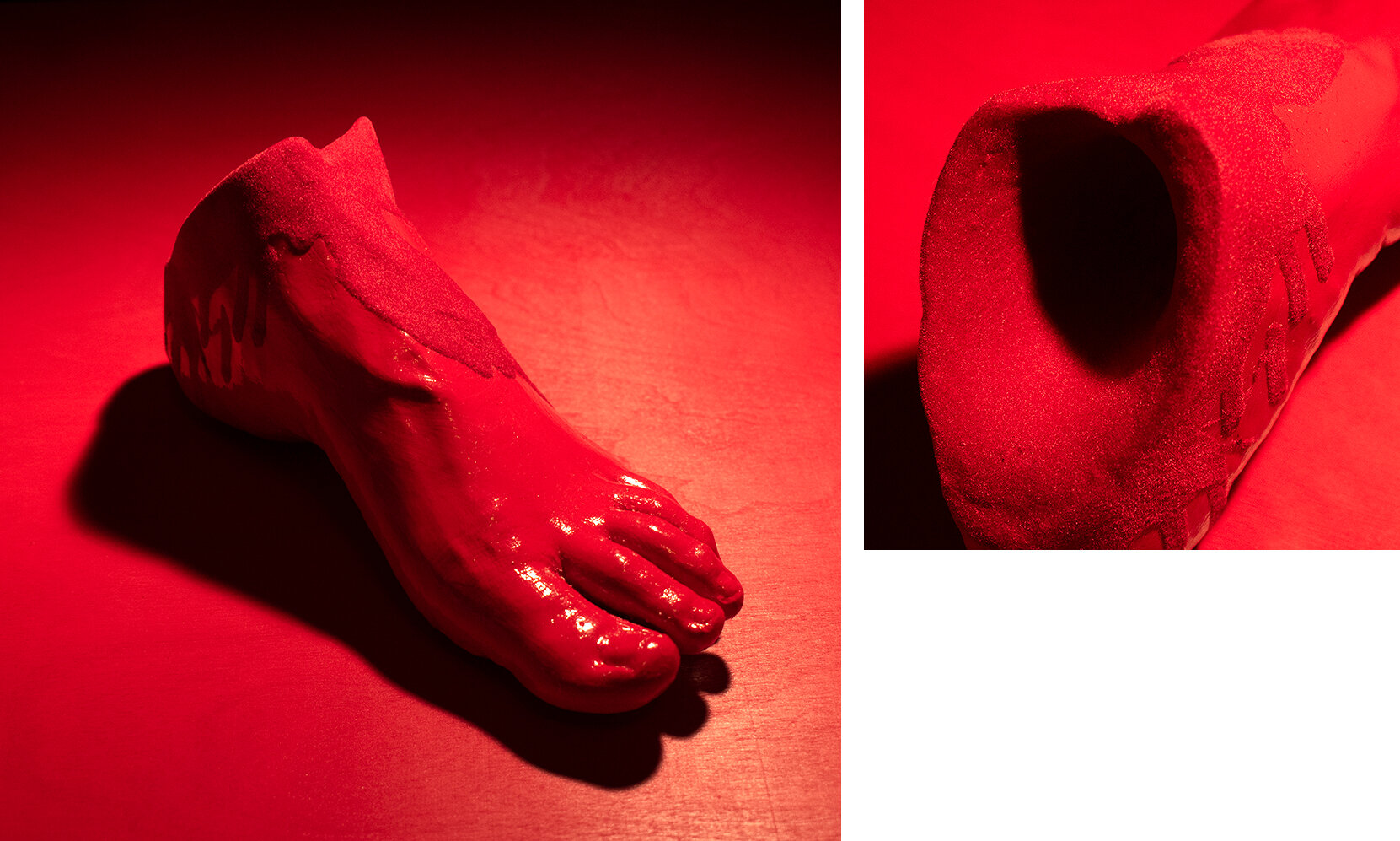   My Red Foot , 2020, Plaster, paint, flocking, size 8 women’s shoe. 