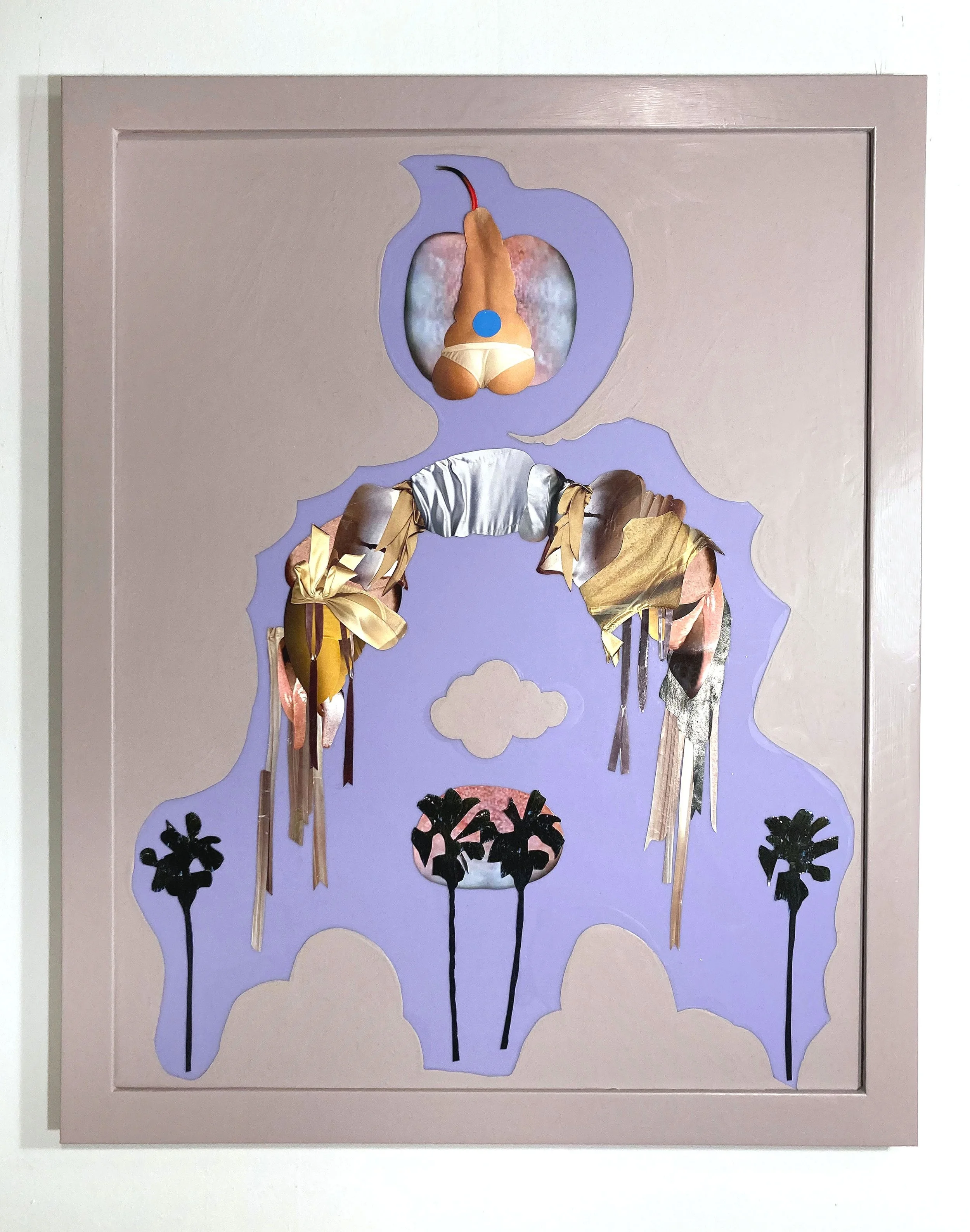   Our Share of the Night,  2026, Hand cut and assembled photographs and found images, plexiglass, house paint, glue, varnish, 30.5x24.5” framed  