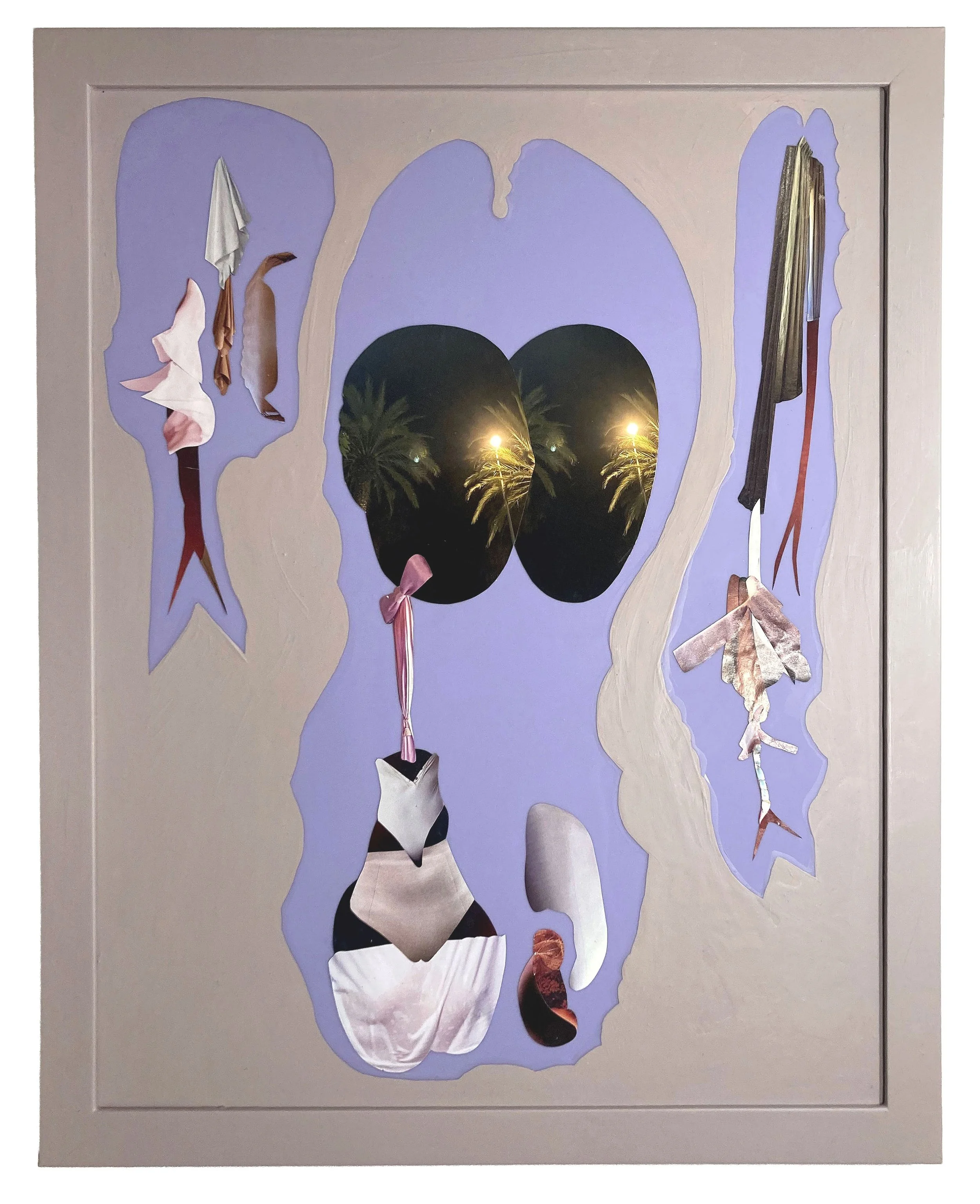   Our Share of the Night , 2026, Hand cut and assembled photographs and found images, plexiglass, house paint, varnish, 30.5x24.5”  