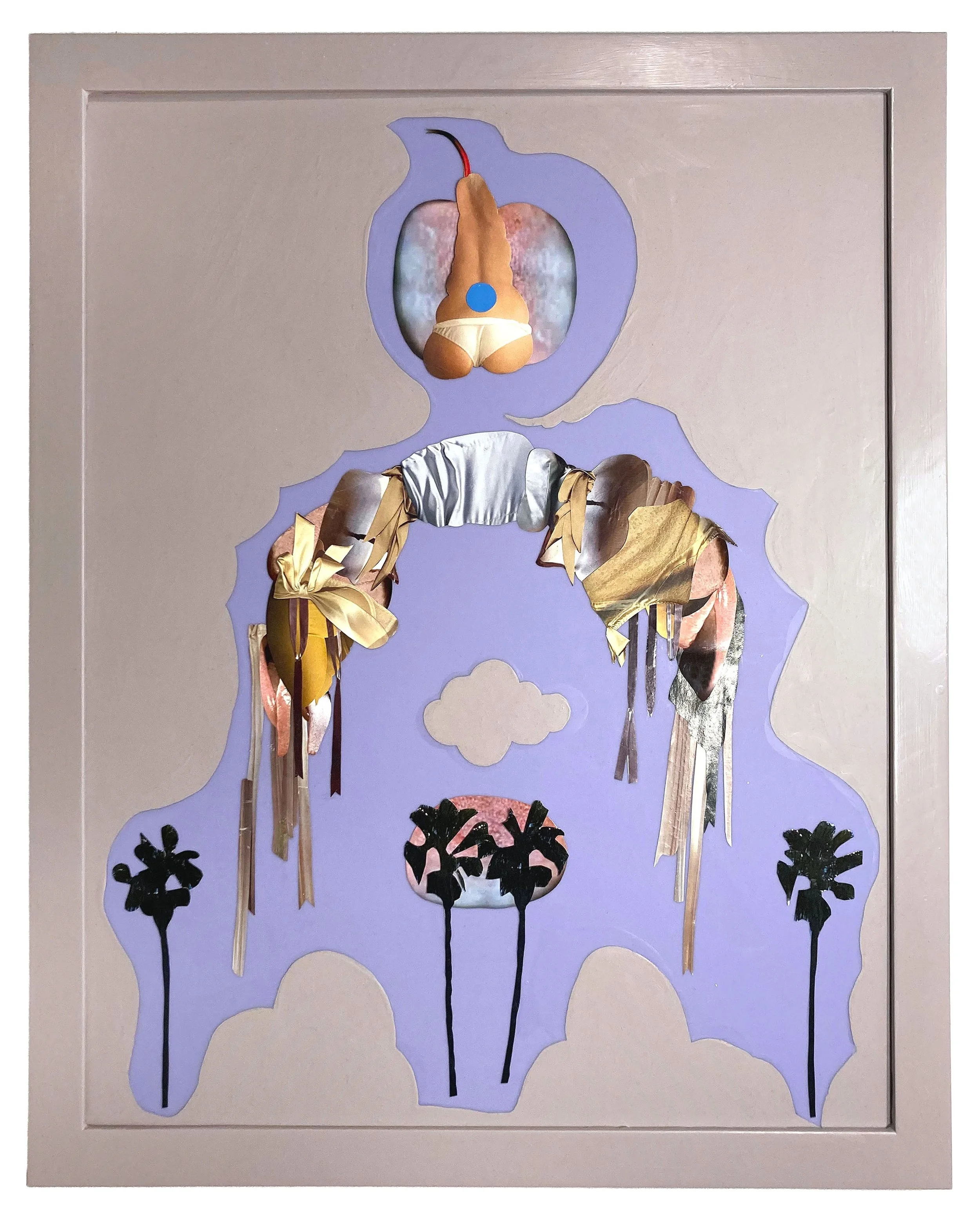   Thirst,  2026, Hand cut and assembled photographs and found images, plexiglass, house paint, glue, varnish, 30.5x24.5” framed  