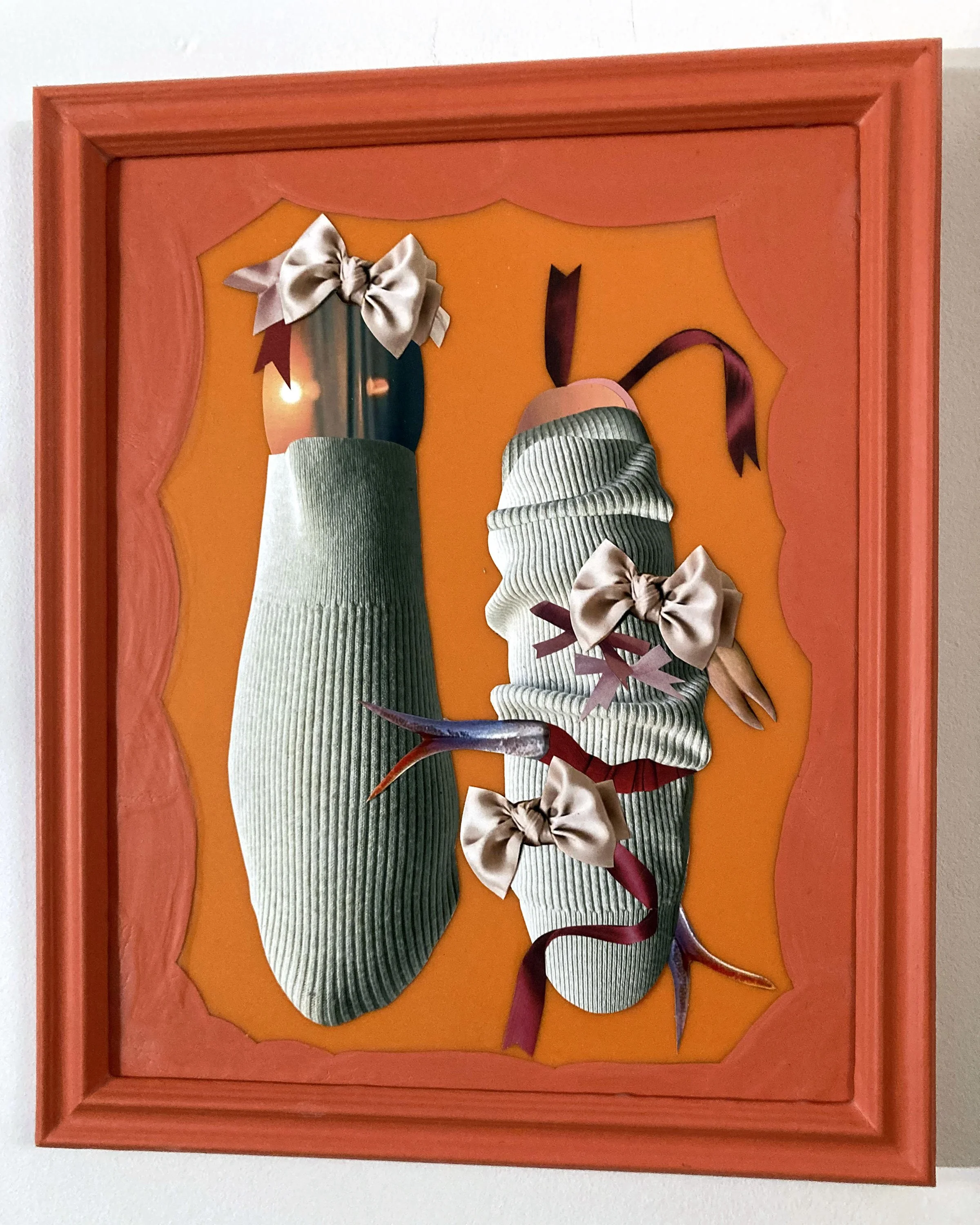  Dusk (Fists), 2026, Hand cut and assembled photographs and found images, plexiglass, house paint, glue, tape, wood frame, varnish, 11x14” 