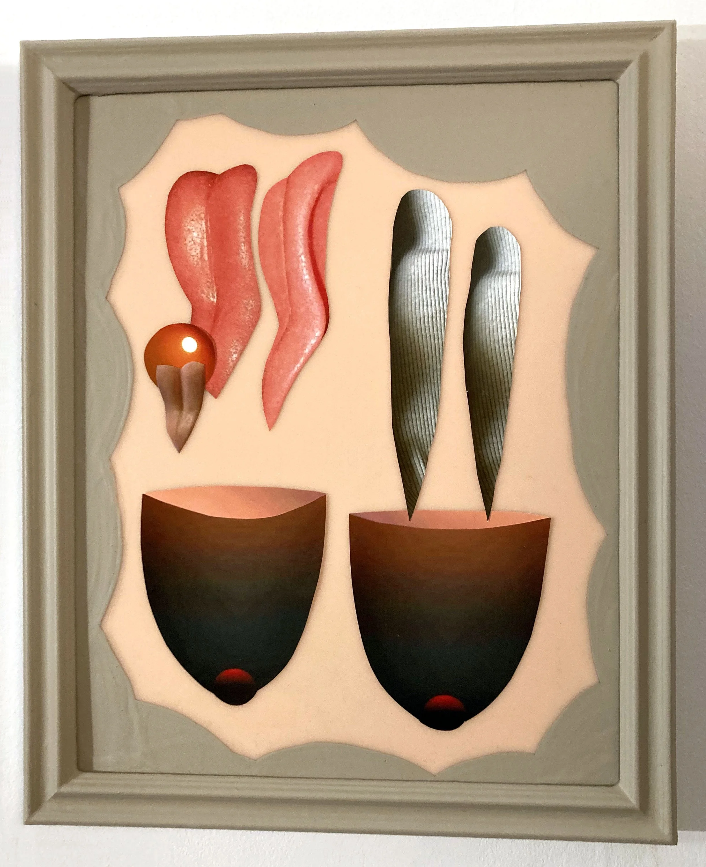  Dusk (Nips), 2026, Hand cut and assembled photographs and found images, plexiglass, house paint, glue, tape, wood frame, varnish, 11x14” 