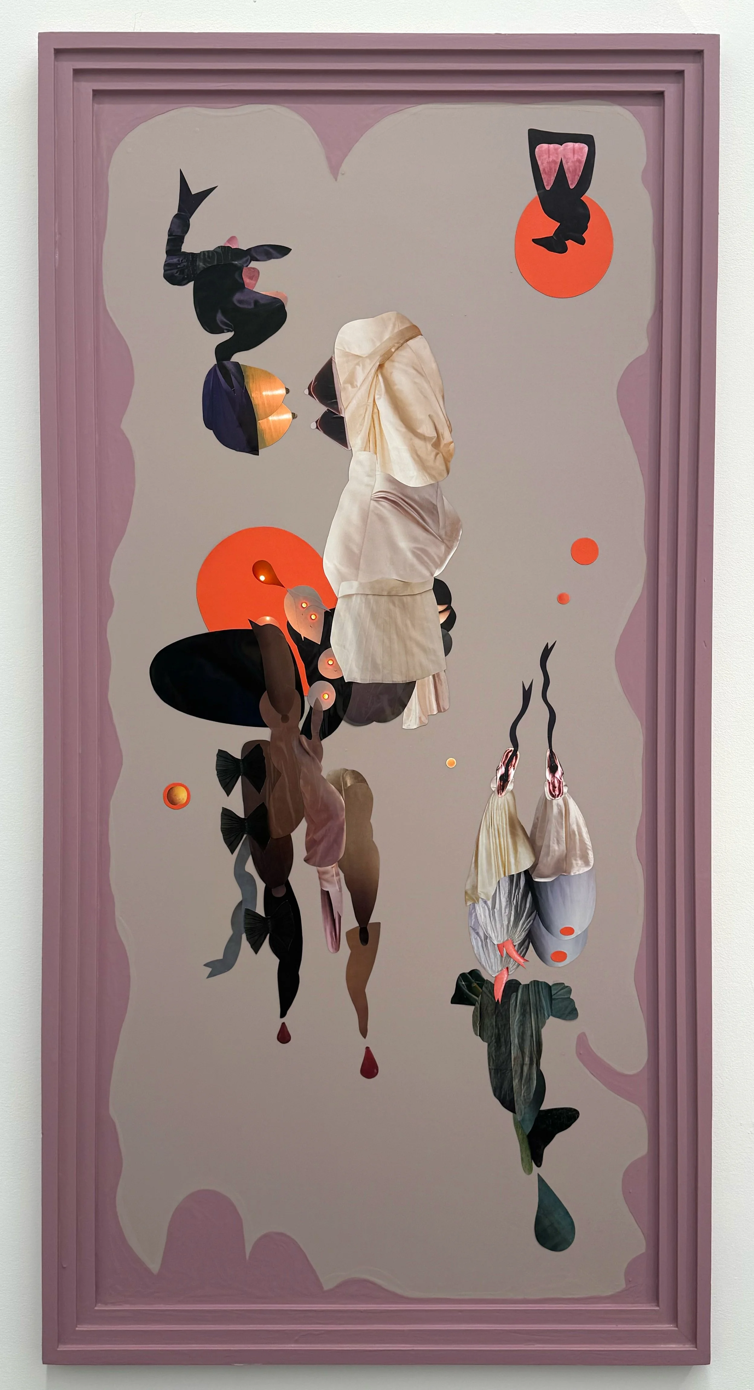   A Deliberate Voluptuousness , 2026, Hand cut and assembled photographs and found images, plexiglass, house paint, glue, tape, wood frame, varnish, 41x81”h. Photo courtesy of Slash. 