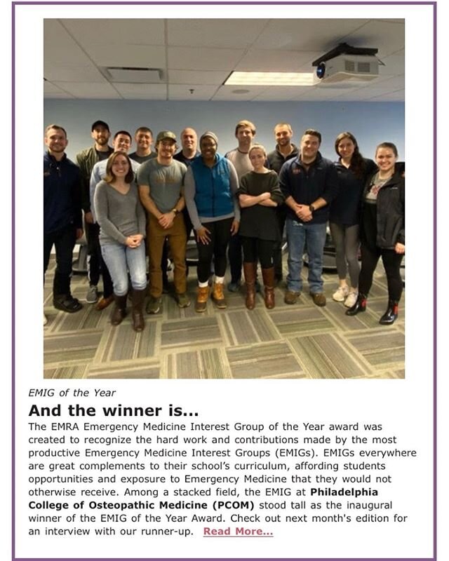 So proud to win the EMIG award this year! Special shout out to all that contributed and worked hard behind the scenes to make it happen! #pcom #pcomeducation #emra #emed #pcomlife #bestclubever