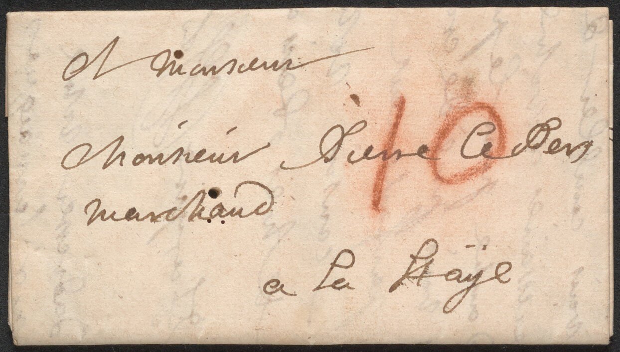     An opened letter cannot be unopened…   Meet letter DB-1627, which is still unopened.   From the address panel we learn that it was directed to Pierre Le Pers, a merchant in The Hague. The recipient had to pay a postage of 10 stuivers, as indicate