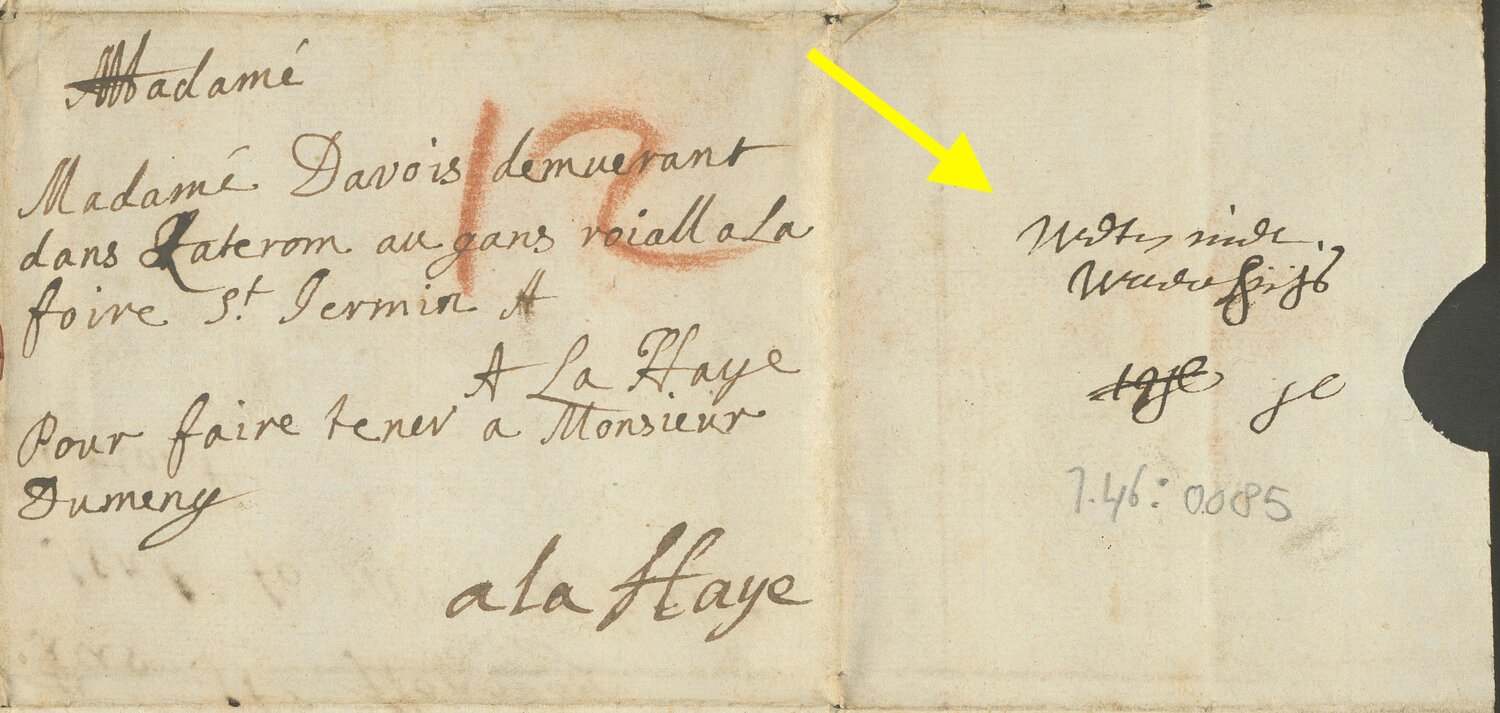     Whereabouts unknown    Other letters similarly reflect the verbal exchanges that the delivery person engaged in. This letter was for Madame Devois and to be handed to mister Dumeny.   Unfortunately, whoever the postal worker asked did not know wh