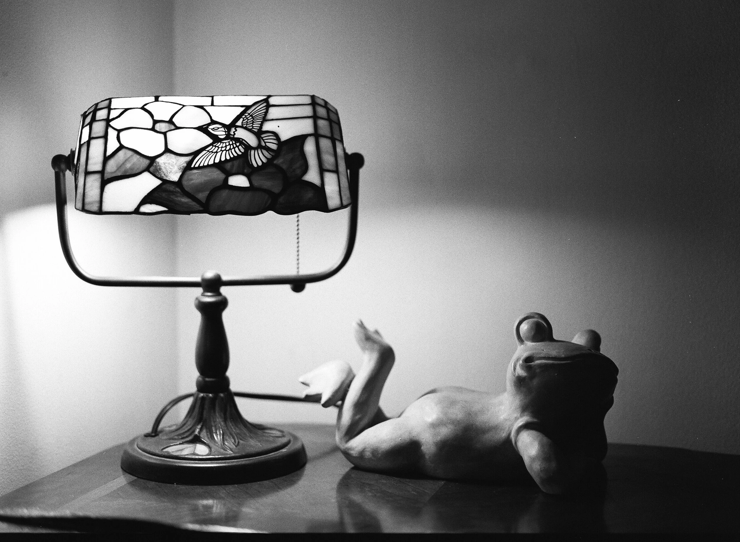 A Tiffany-style stained glass lamp with a hummingbird and floral design on the lampshade, placed on a wooden surface beside a ceramic frog figurine.