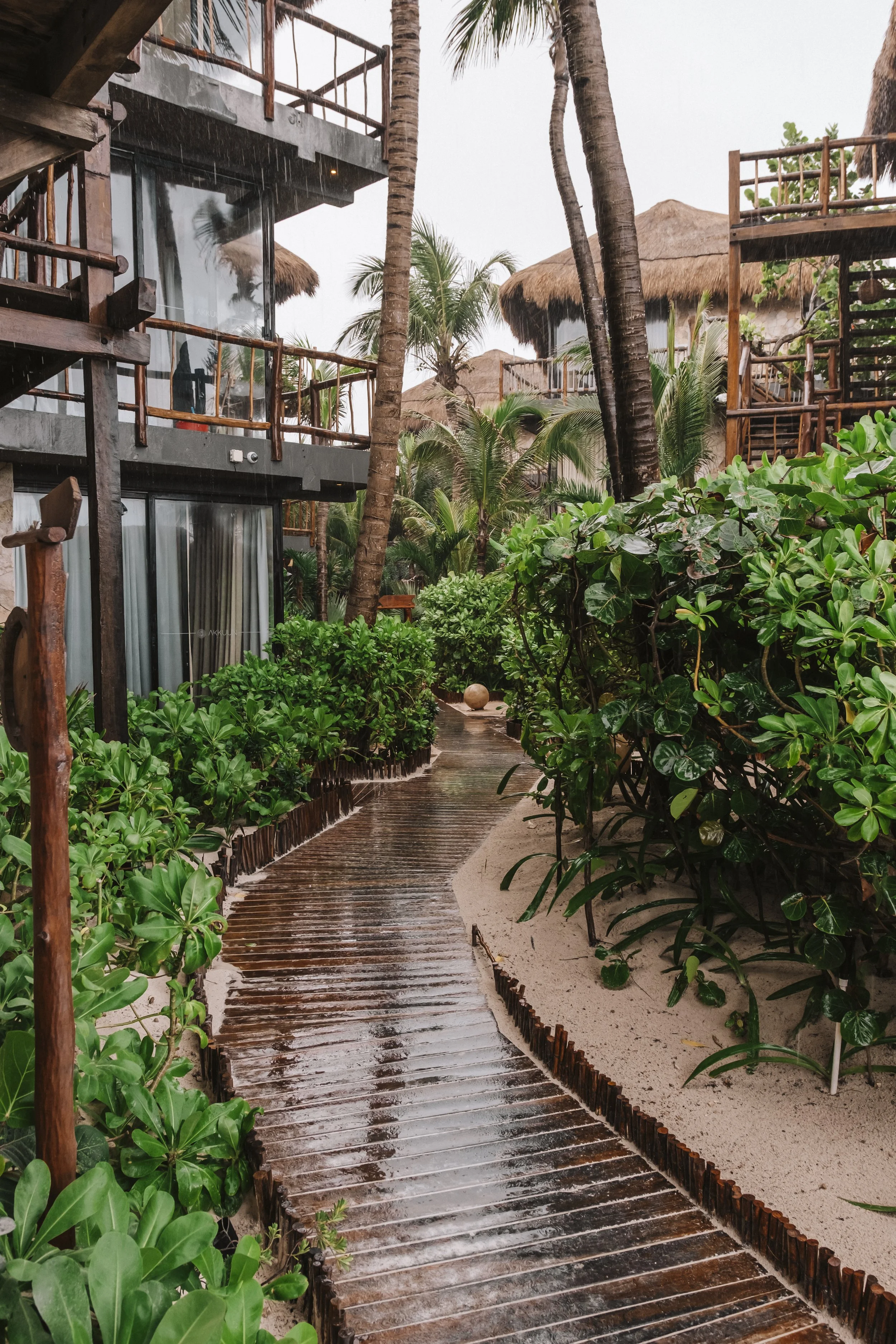 Rainy tropical resort scene with a wet wooden pathway, lush green bushes, tall palm trees, and thatched-roof huts and balconies in the background.