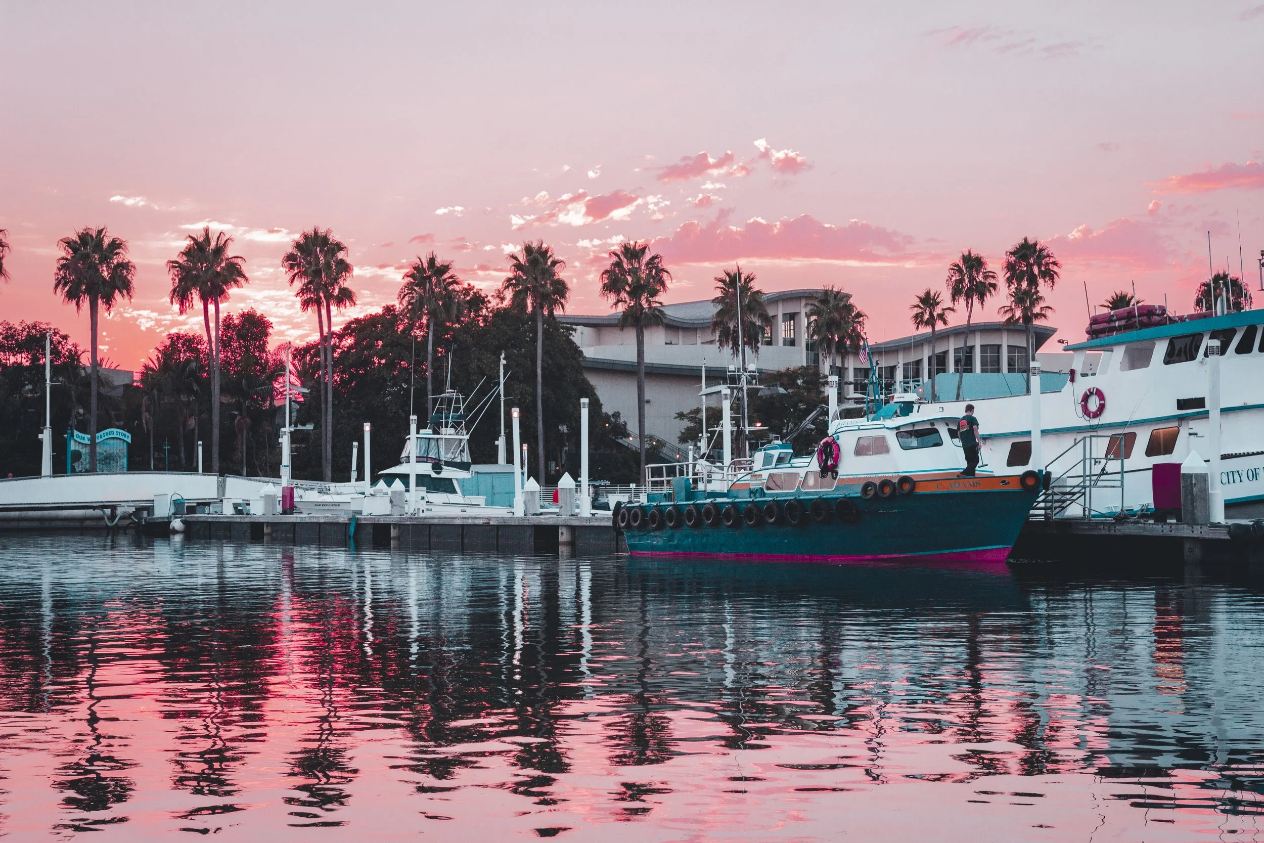 Pink and purple sunset sky over a marina with boats docked, palm trees, and buildings in the background.