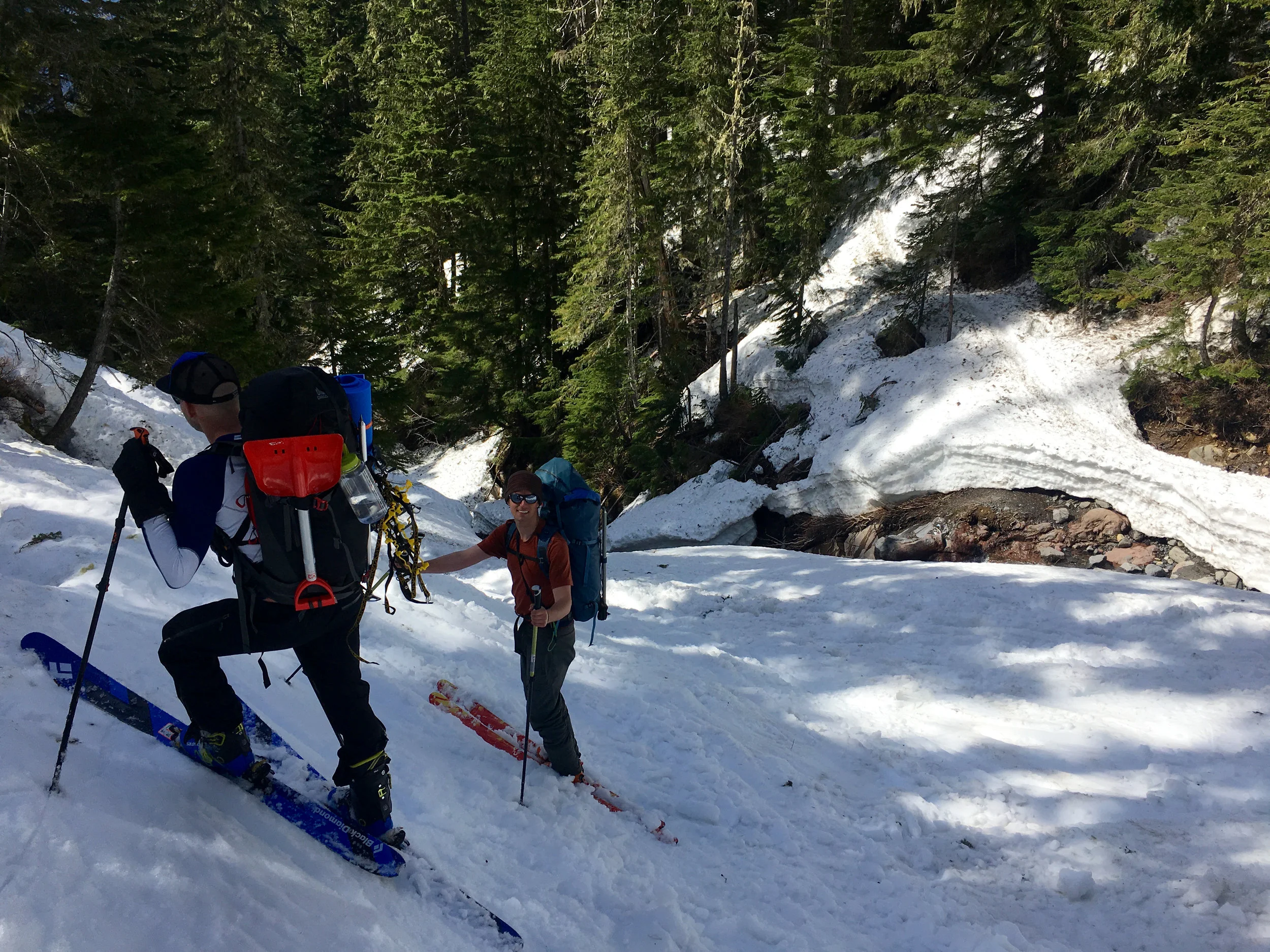 Conditions at the bottom were spring-like: after we got below the tree line, we followed this glacier water runout channel. 