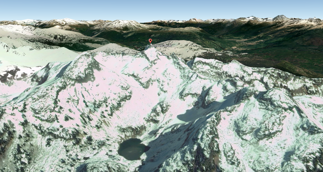 3D satellite image of Tricouni Peak via Google Earth Pro. The little lake in the bottom middle of the photo is one of the frozen ones in the image below. 