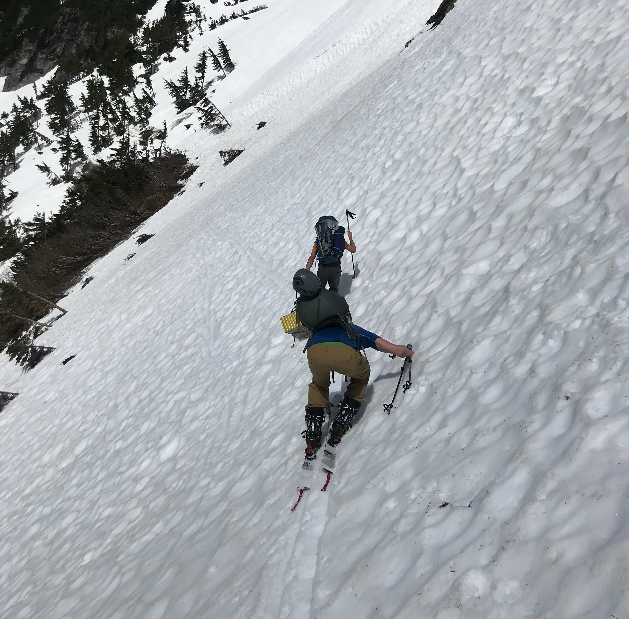 After a 5km walk down a logging road (in ski boots, carrying our gear), we should have had an fairly easy ski up to camp. Snow conditions were brutal, it was a lot more technical than we thought and there was a lot of swearing.