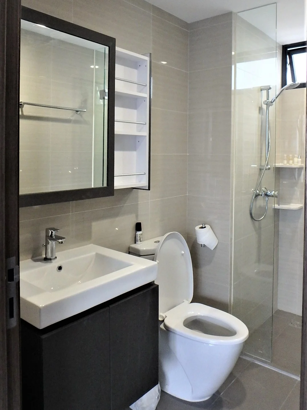 Retractable shelving allowing access to cosmetics and grooming accessories while using the mirror.
