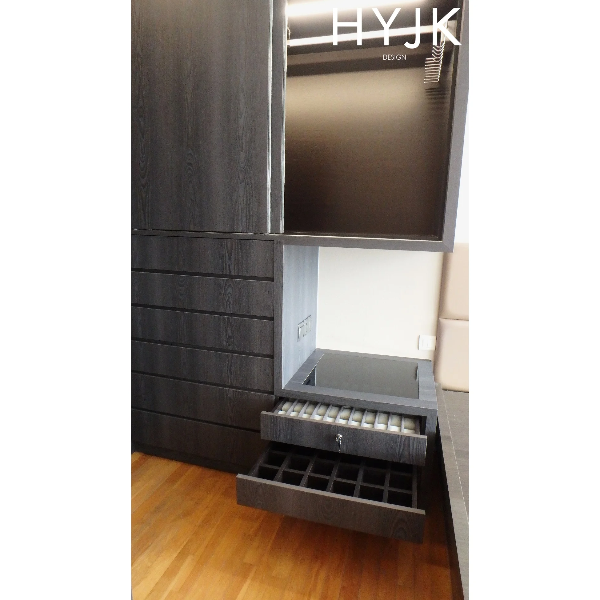 HIS A nightstand with ample space for a watch collection and accessories. The columns of watch cushions can be easily removed and used for belt/accessories storage instead.