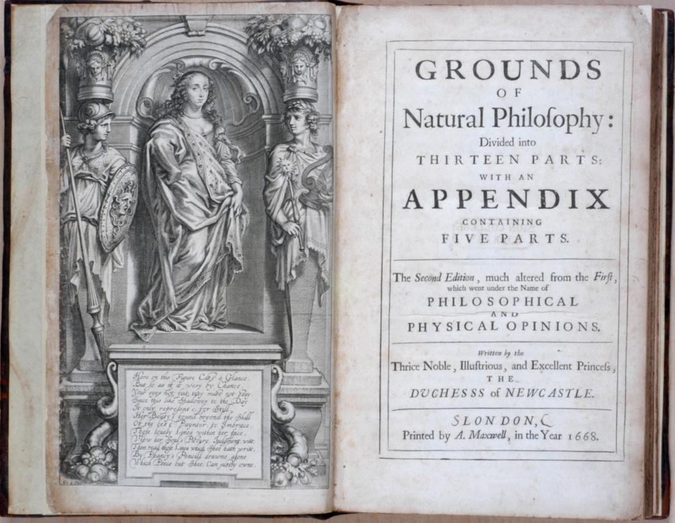 Title page and frontispiece from one of Margaret Cavendish's books. From the collections at the Chemical Heritage Foundation, via Wikimedia Commons .