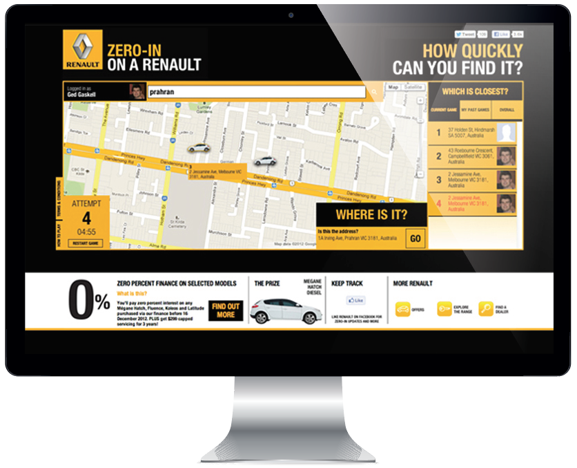  A socially connected game to help promote the Renault 0% Finance offer. A Renault is actually hidden somewhere in Melbourne. Find it in the least amount of moves a la ‘hotter, colder’ and it’s yours to keep. 