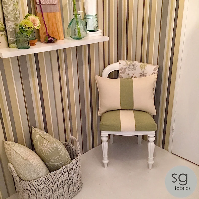 Chair and Cushion | Range Saxon | Colours - Oyster and Lichen Cushions in basket | Left Cushion - Charterhouse | Design Bosworth | Colour - Acacia | Right Cushion - Charterhouse | D esign Albery | Colour - Acacia Basket | by Incanda