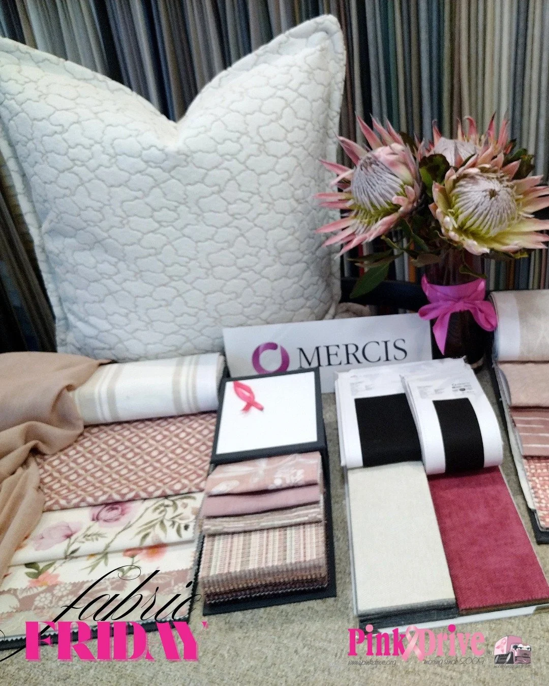 Thank you to our Cape Town showroom for this beautiful Fabric Friday display to celebrate Breast Cancer awareness month and our collaboration with PinkDrive . Did you know that for every meter of Mercis fabric we sell, we donate R1 to Pink Drive? The
