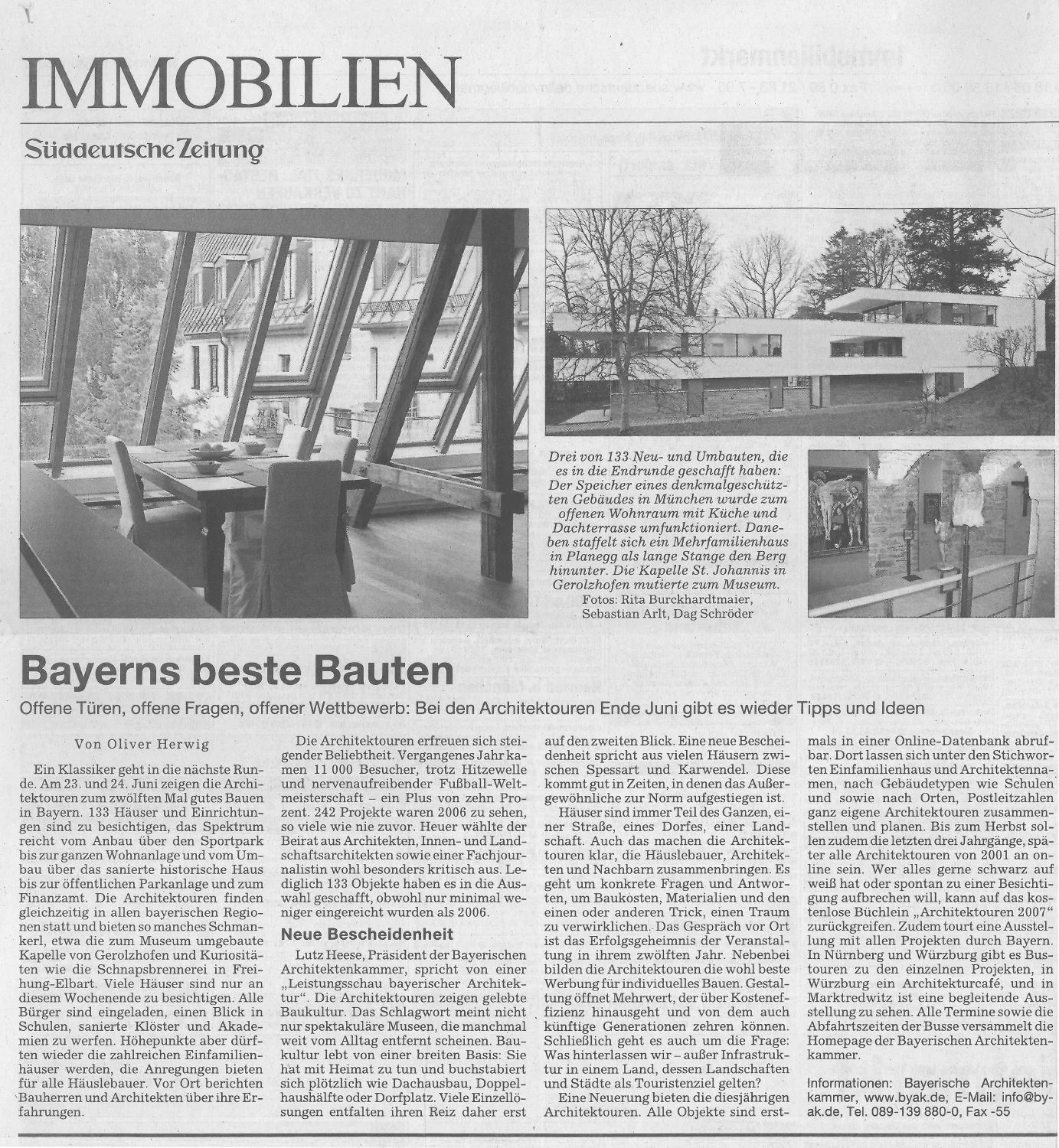 BAYERNS BESTE BAUTEN, Süddeutscher Verlag GmbH 13. Juni 2007, SZ Artikel - Dachatelier München-Isarvorstadt