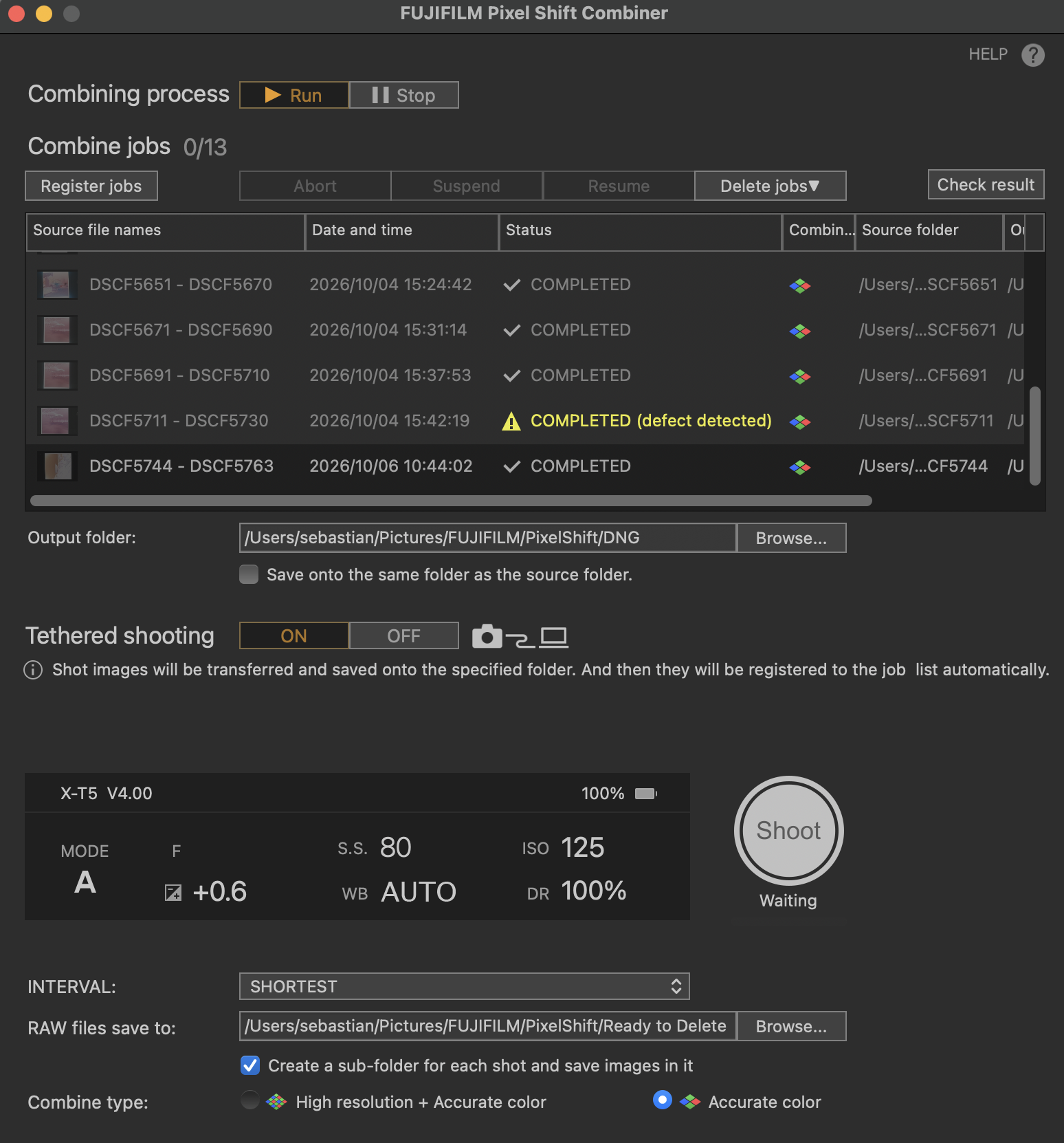 Screenshot of Fujifilm Pixel Shift Combiner software showing options and settings
