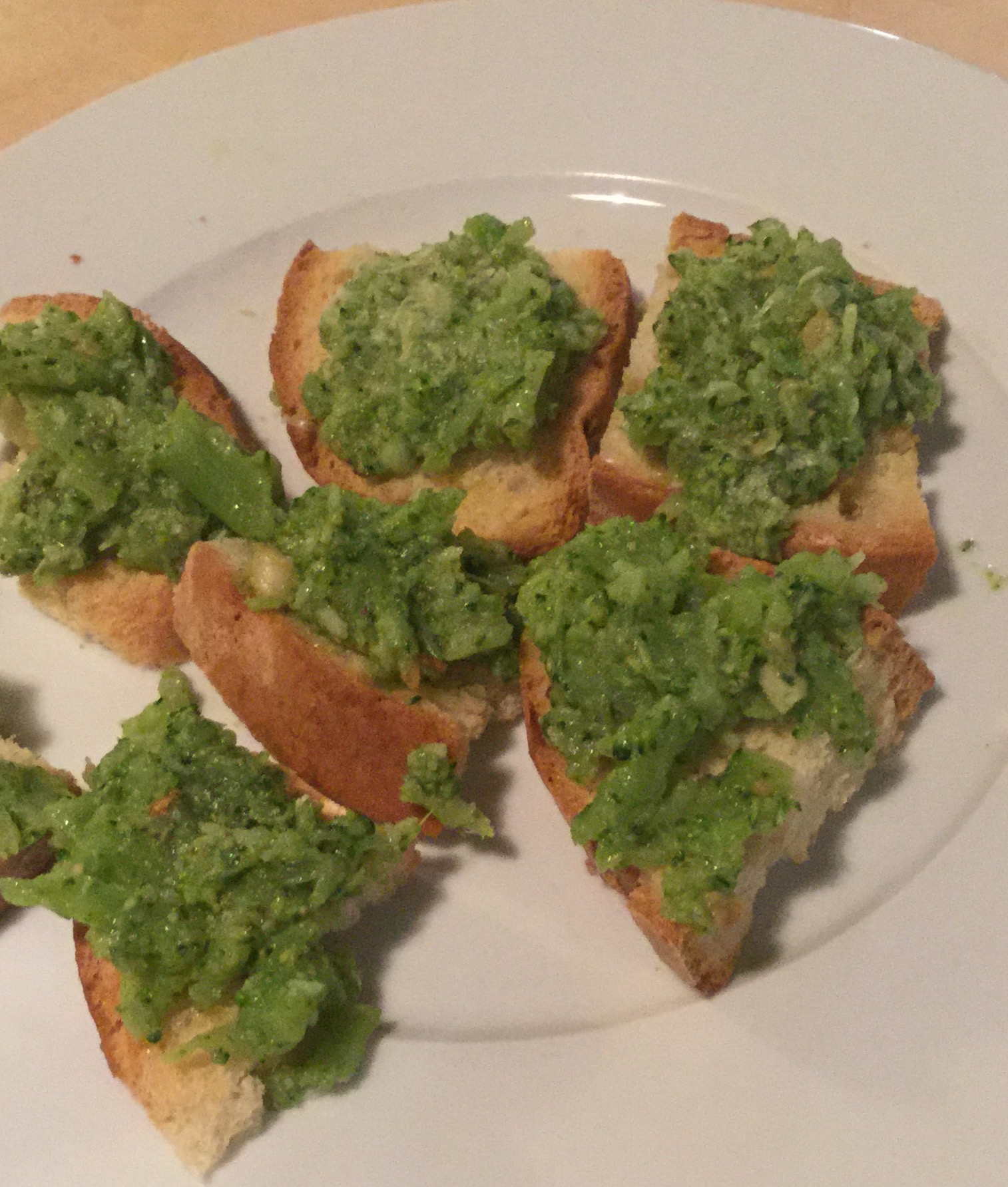 Smashed Broccoli Crostini with Olive oil and Garlic