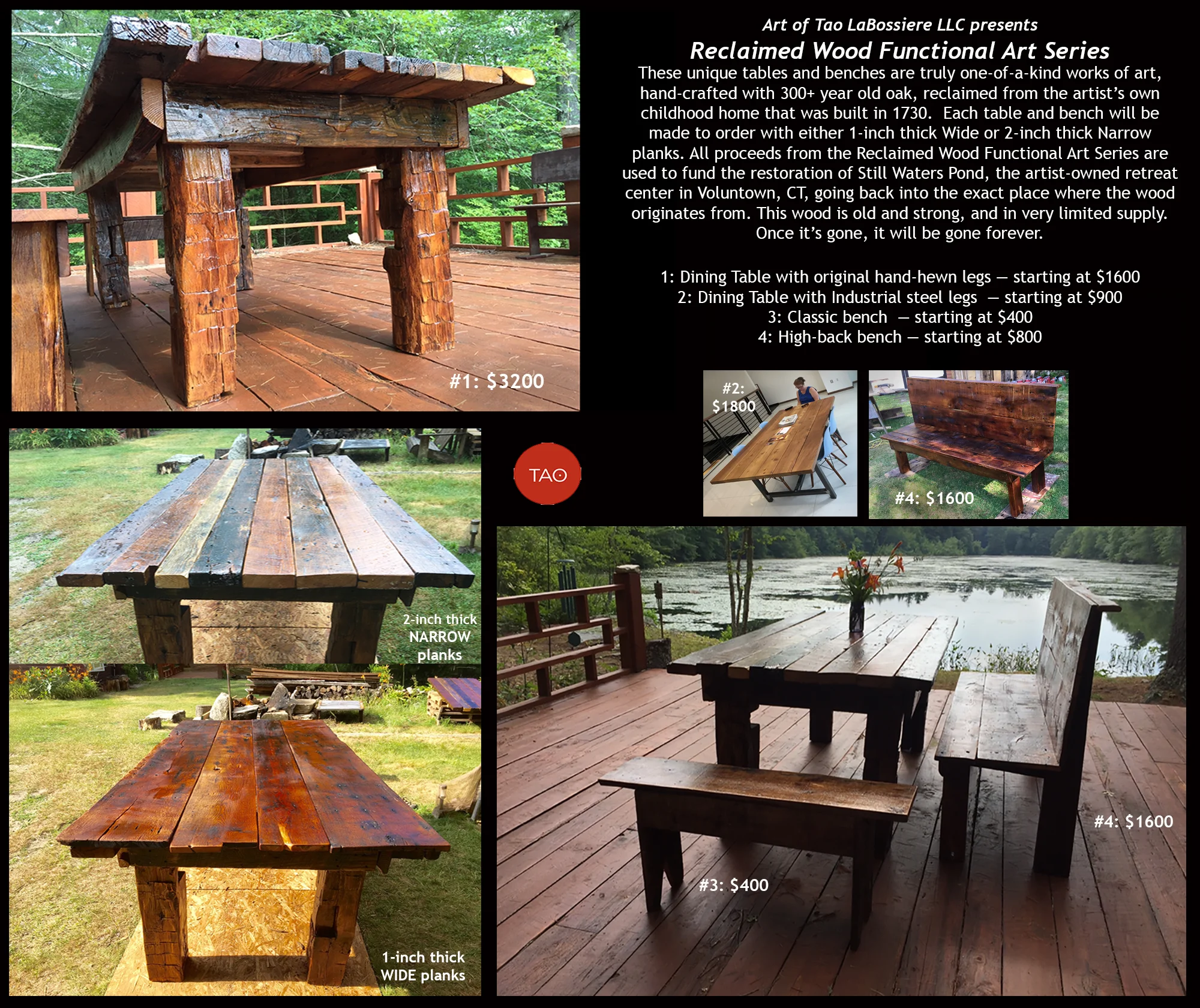 Contact us to claim one of these beautiful hand-made tables, or custom-order one to your exact size specifications.