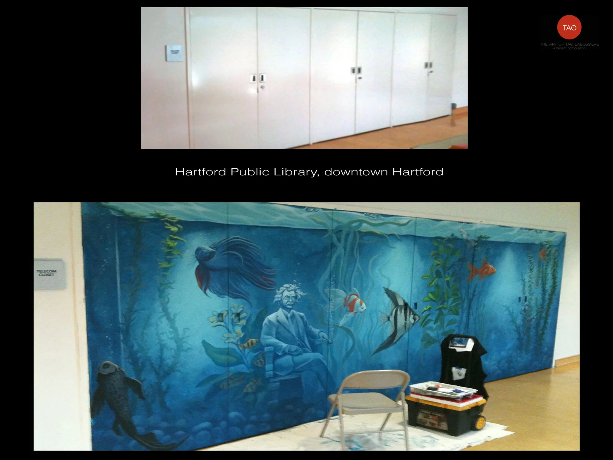 Hartford Public Library mural example. The client wanted something beautiful for to cover their electrical doors and Tao proposed this solution. It looks amazing for years now outside the administrative offices.