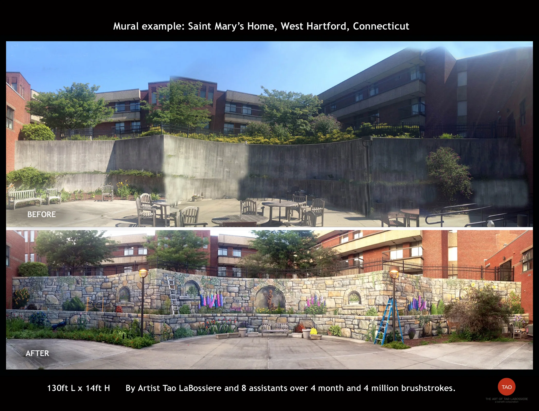 Saint Mary Home before and after. We transformed this depressing wall into a pleasurable outdoor experience for the client, their residents and visitors.