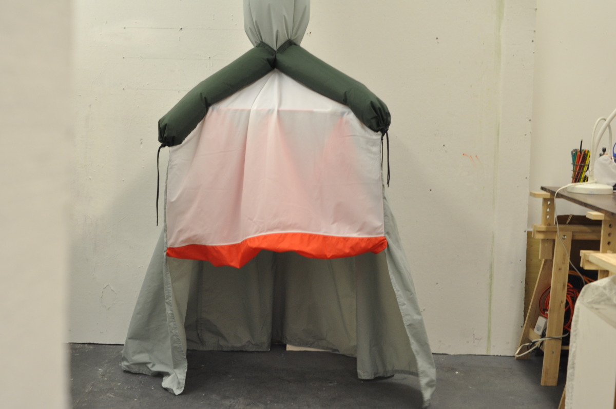 2012. Site-specific installation using HVAC duct work and air. Nylon fabric, thread, velcro, snaps, cord, cord stoppers, fiberglass rods, and fabric webbing.