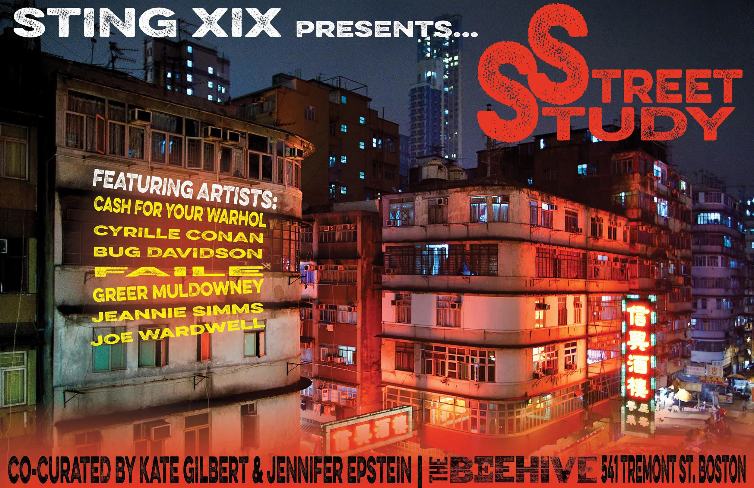  Opening Reception: Wednesday, Janurary 14th 2015  19th installment in The Beehive's continuing art series titled  Sting! 19: Street Study,  featuring seven Boston based artists who utilizes the city&nbsp;streets as muse and exhibition space.&nbsp; 