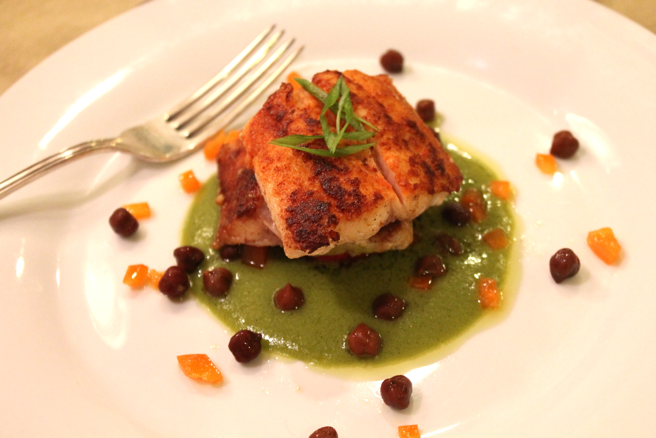 Chesapeake Bay blue catfish meal with green sauce - cooked by Wide Net Project.JPG