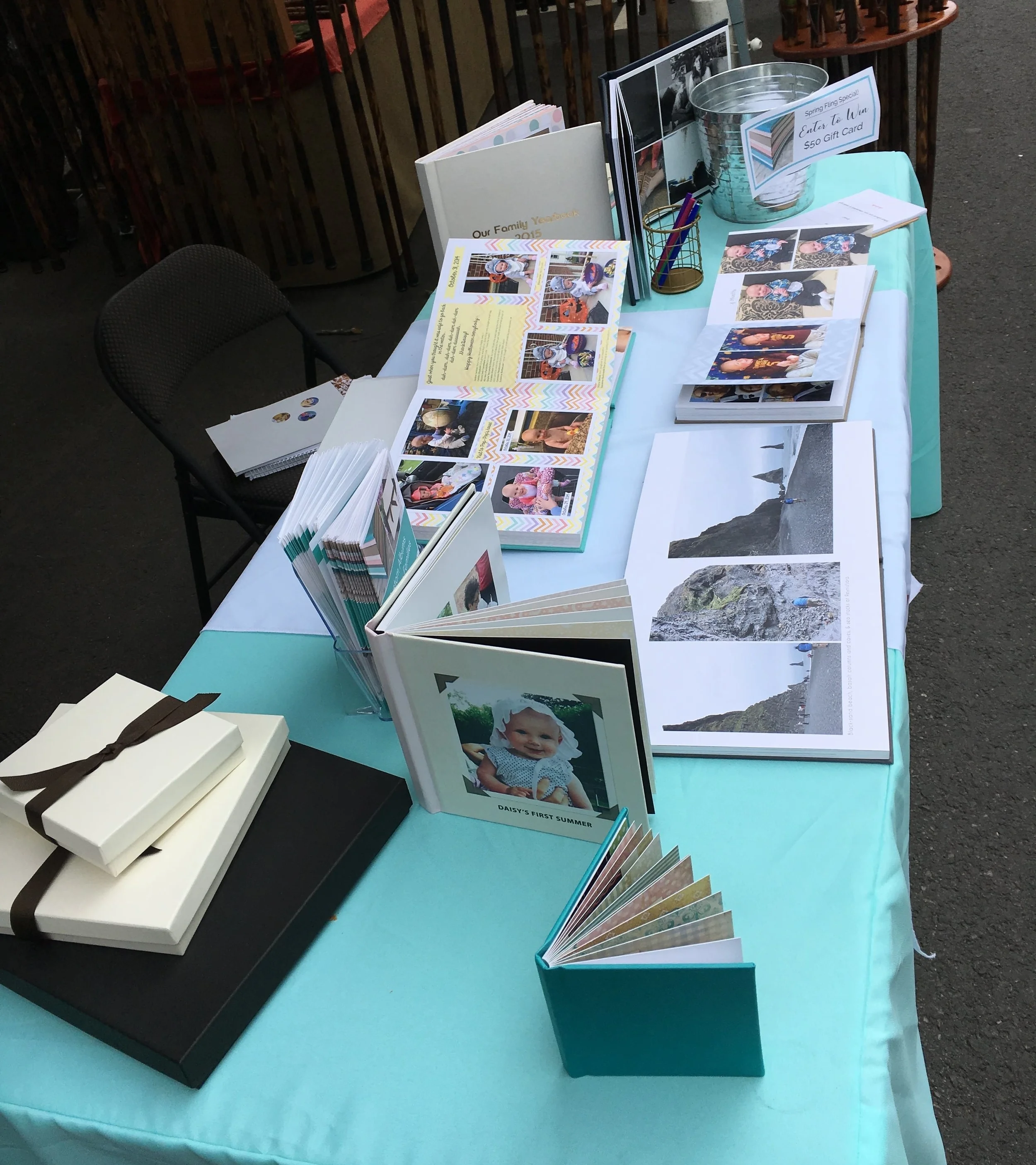 Here's what I had on the table. Note the silver bucket and papers at the top for the raffle entries (email captures). 