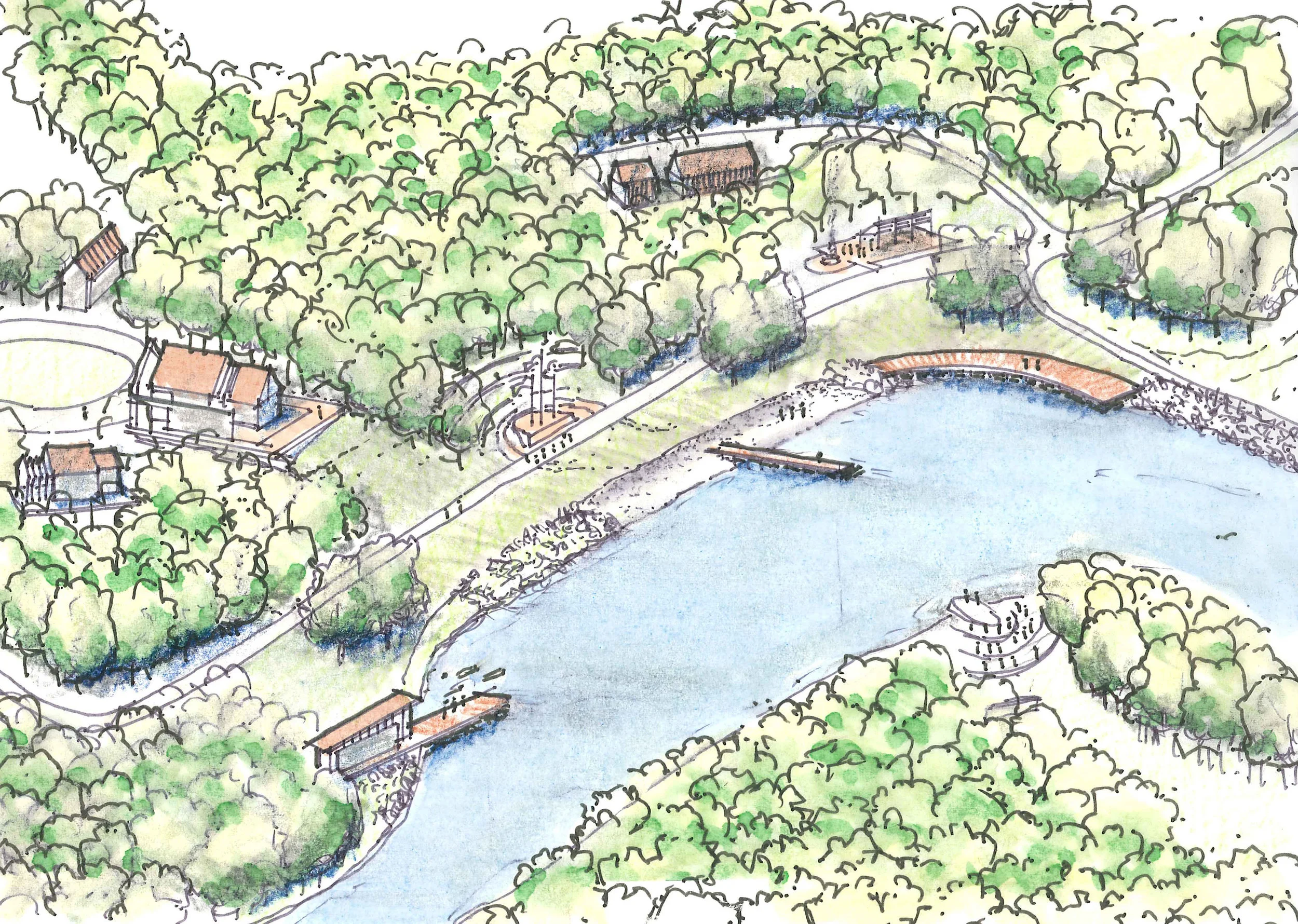 The Lake Odonata waterfront will include a boathouse and launch, swimming area, beach, pier and boardwalk. Amphitheaters are shown across the road from the beach and across the lake at Friendship Hill. The camp commons are shown to the left of the waterfront. The existing showerhouse and splash pad are shown above the pier. Illustration by Carl Rogers, Professional Landscape Architect.