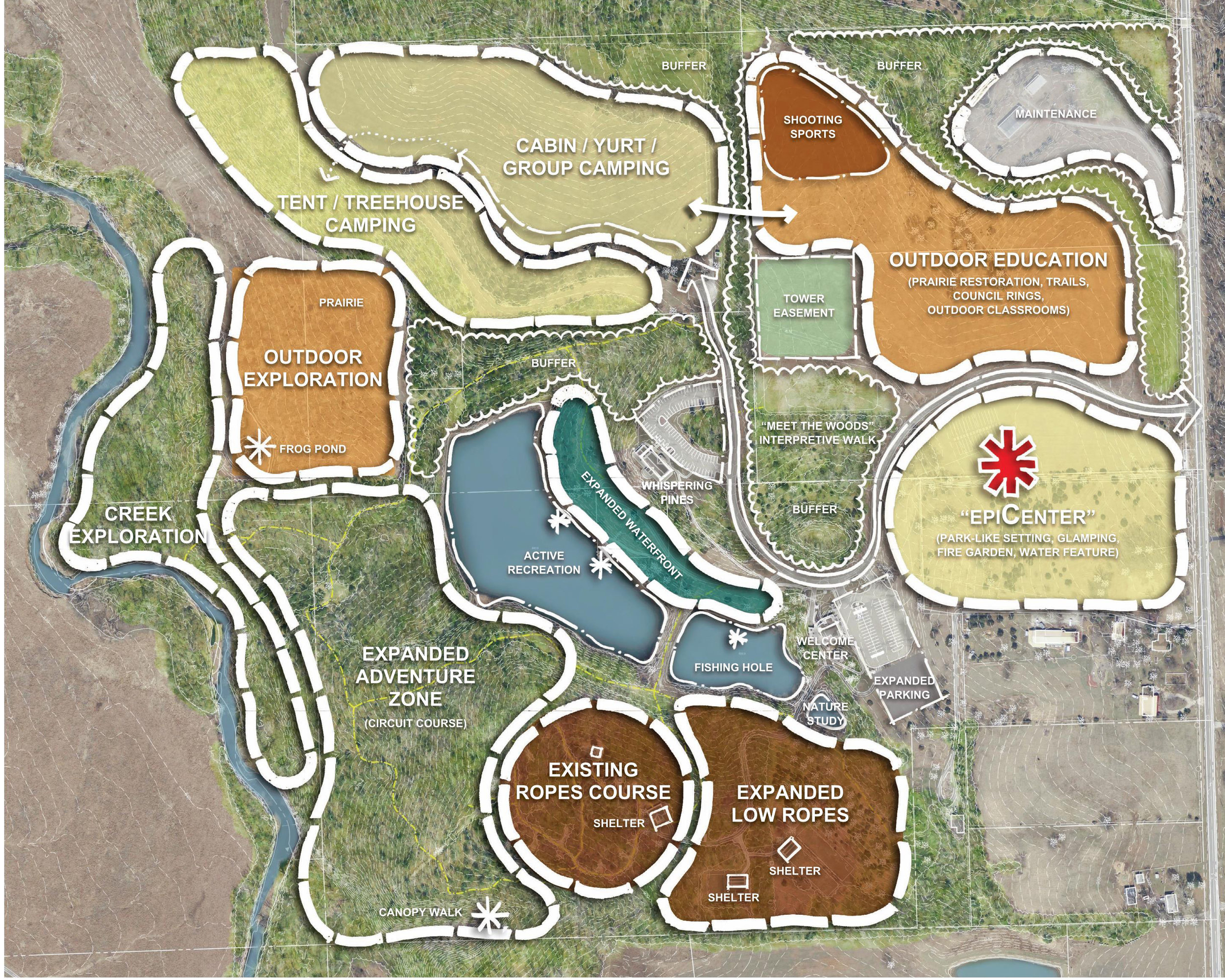 Site Programming. In 2016, Neppl was invited to collaborate with a Design Team led by Vireo Landscape Architects in Kansas City to update the 2000 master plan. The images shown above represent the findings of this 2016 master plan update and include conceptual land use diagrams (above) as well as the final master plan rendering (above-left). While the 2016 update maintains many of the amenities from the 2000 plan, additional and future improvements expand TimberRidge Adventure Center’s outdoor education, camp and adventure programming.