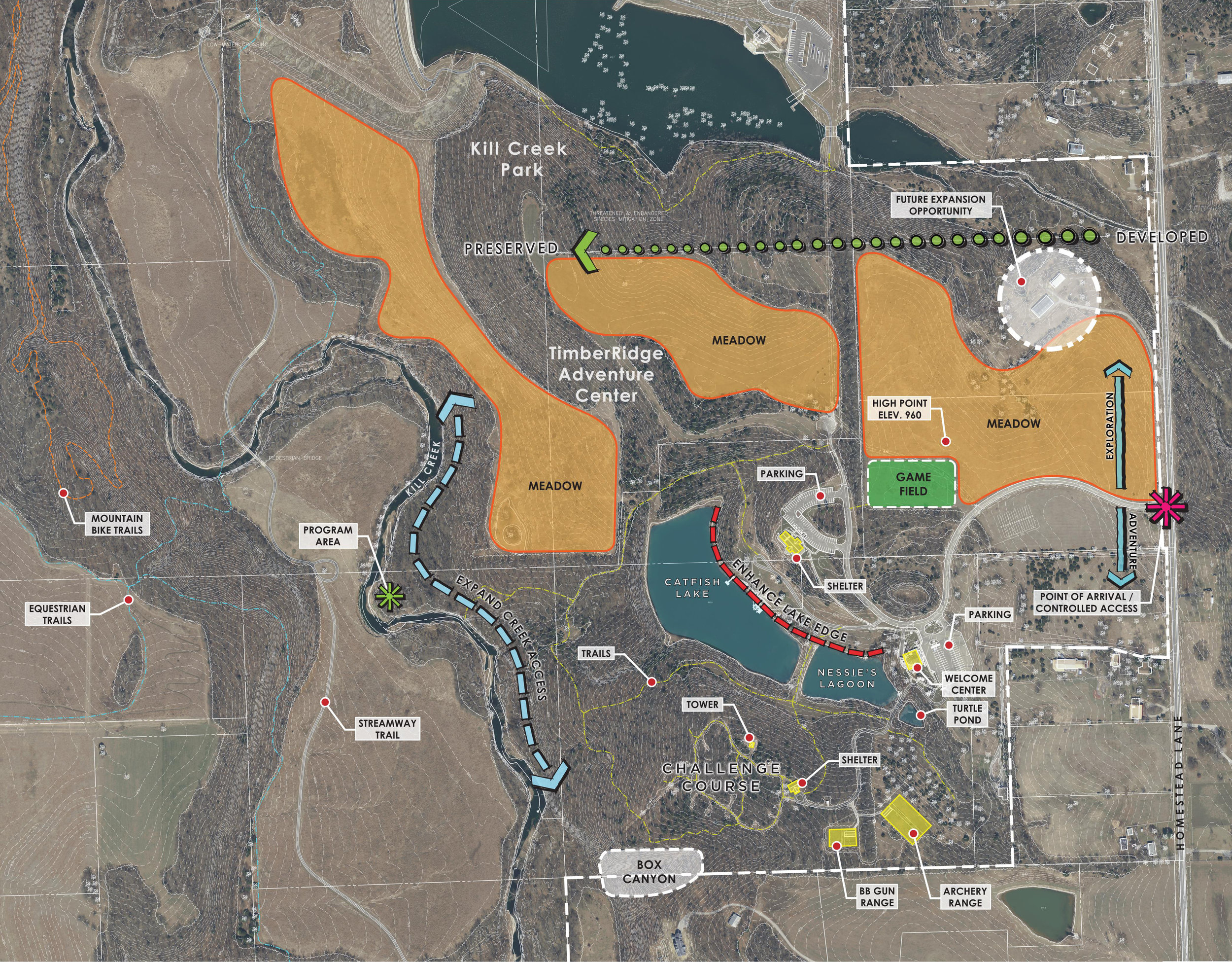 Existing Conditions. TimberRidge Adventure Center is a 200-acre outdoor facility located approximately five miles south of De Soto, Kansas and is owned and operated by the Johnson County Park and Recreation District. Tom Neppl was involved as an associate planner with Harrison|Hempe|Davis, inc. during the property’s original 2000 master plan. The 2000 plan called for the development of adult and family friendly retreat units, youth camp facilities, outdoor education elements, primitive camping and trails that engaged the property’s diverse and rugged landscape of riparian corridors, rocky slopes, grassland and ponds.