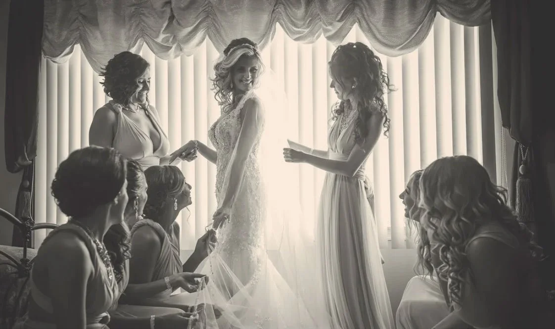 New Jersey Bride with her bridesmaids during wedding prep. Black & White wedding photograph. 