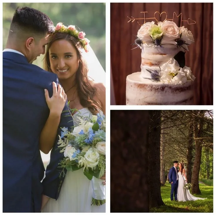 Three Wedding Photo collage from a wedding at Perona Farms. Bride is holding her new husband's arm while looking at photographer, cake photo, and candid wedding photograph of them in the tree line. 