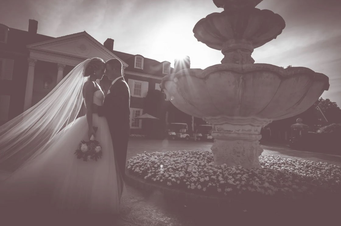 Wedding film still at the fountain, Trump Bedminster